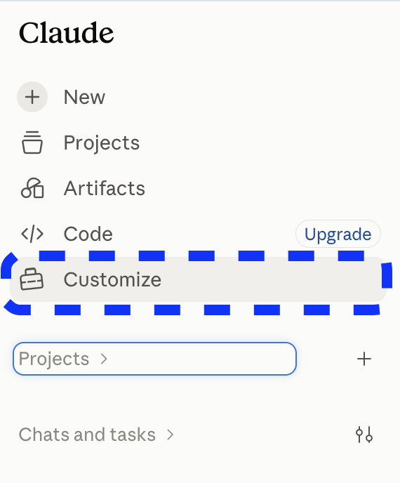 Claude setup: Customize in the left sidebar