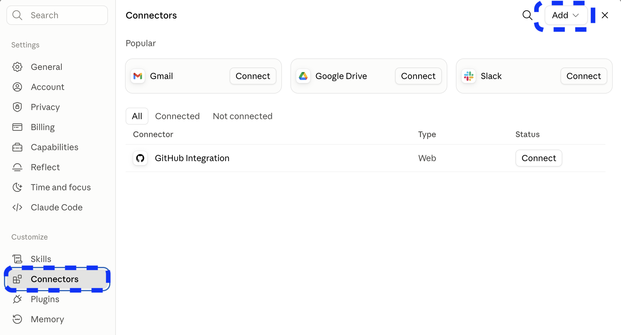Claude setup: Connectors page with the Add button highlighted