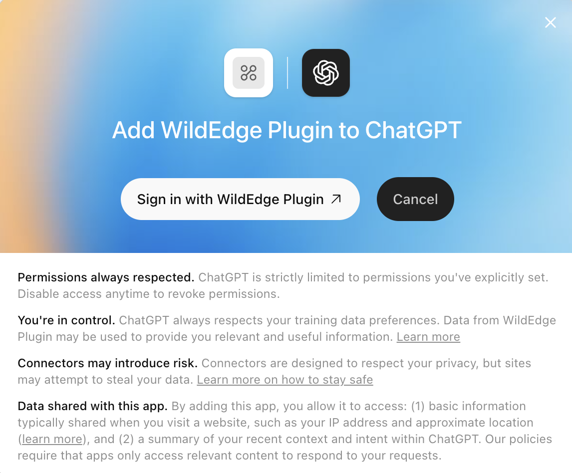 ChatGPT setup: sign in to WildEdge to add the plugin