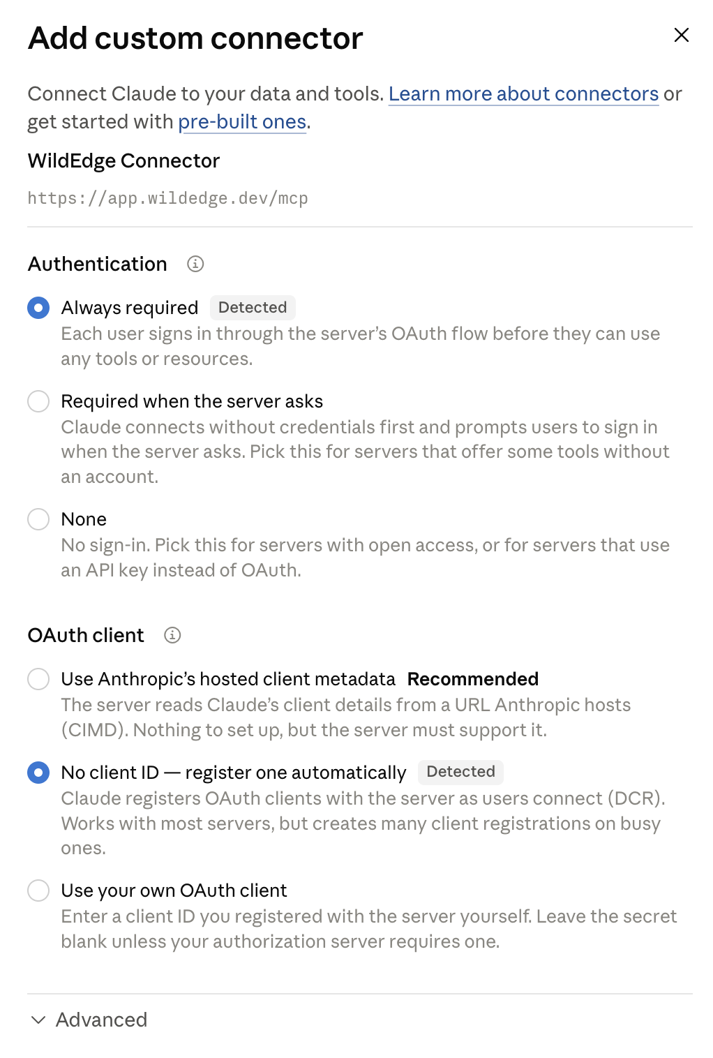 Claude setup: detected OAuth authentication and automatic client registration settings