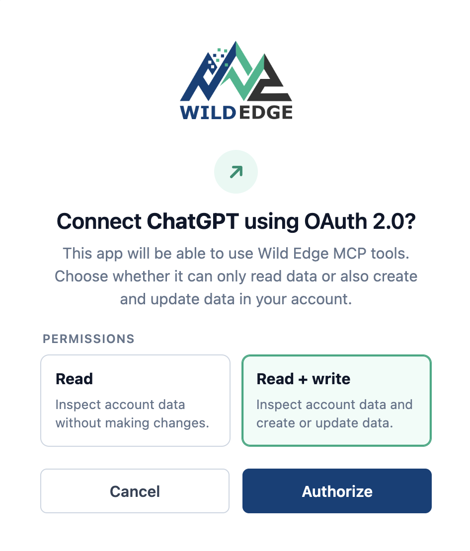 WildEdge OAuth authorization screen with Read and Read plus Write permissions