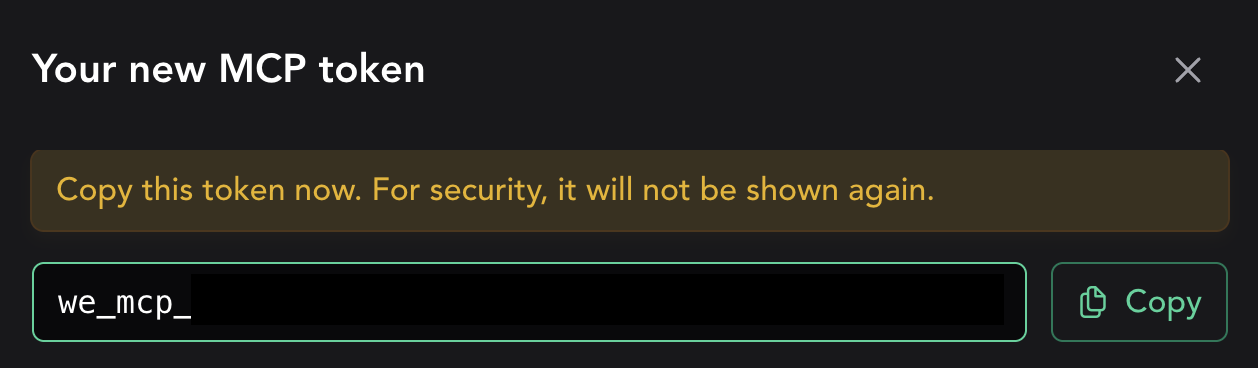 MCP token screenshot: the one-time token display