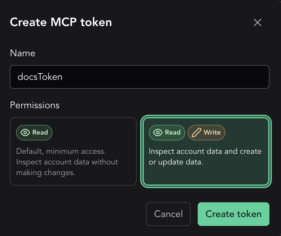 MCP token dialog: creating a read and write token