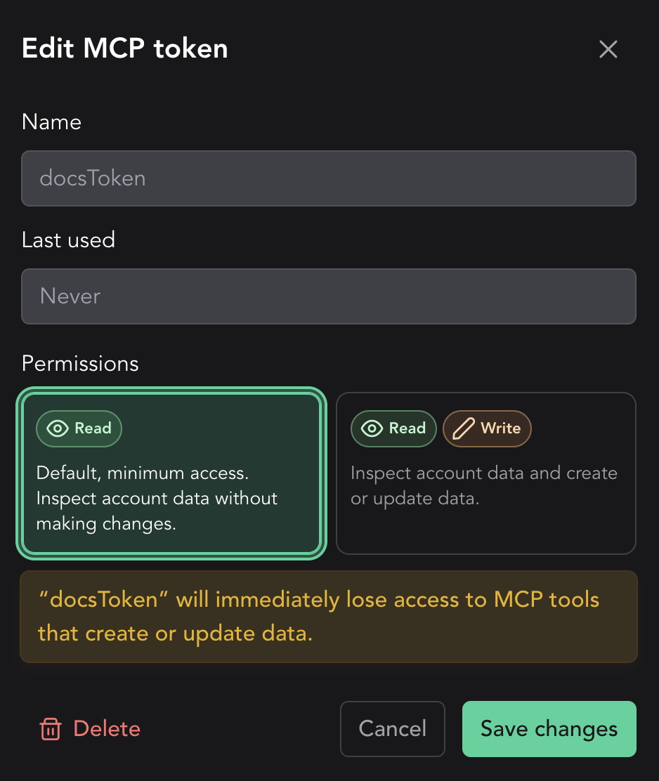 MCP token dialog: changing a token from read and write access to read-only access