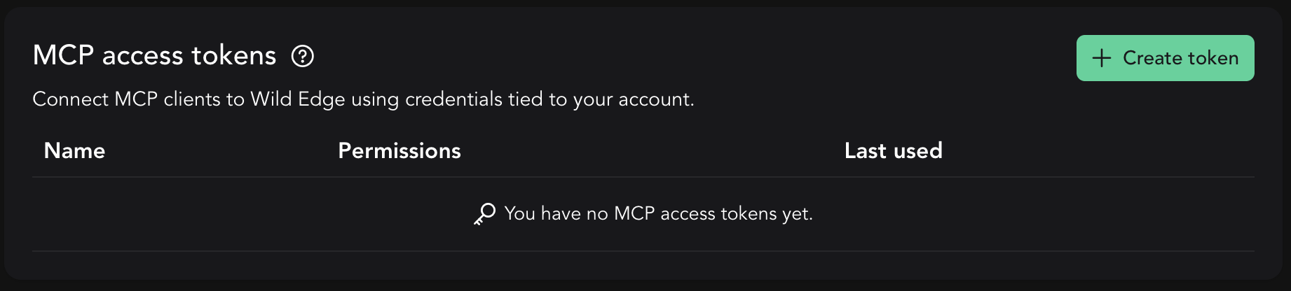 MCP token table: no access tokens have been created